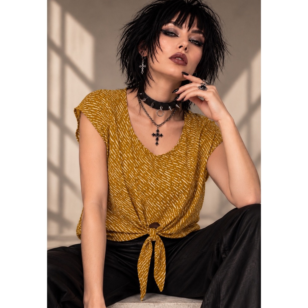 Anthropologie XL Mustard Print Crop Top Cotton Linen Tie Front Boho Summer